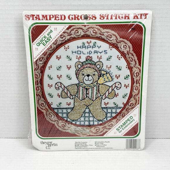 Vtg The New Berlin Co. Stamped Cross Stitch Frame Hoop Kit Happy Holidays Bear - Picture 1 of 4